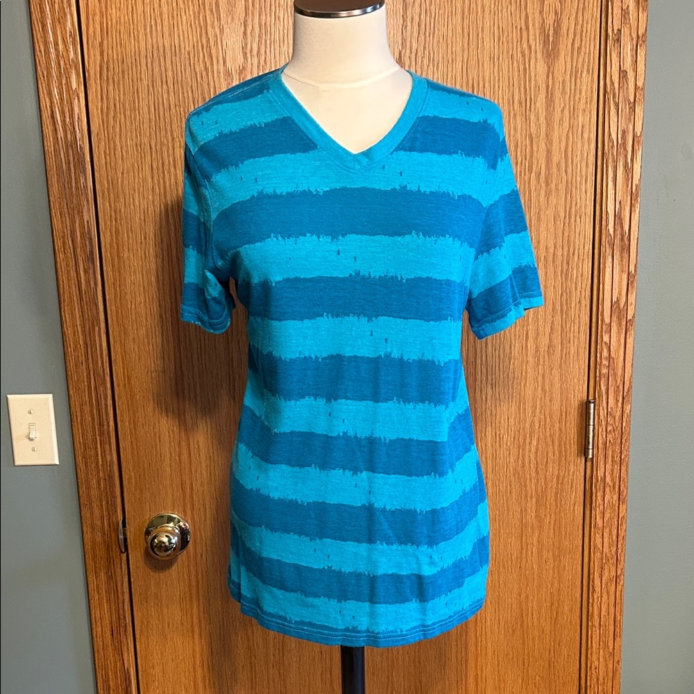 Red camel Blue Striped V-Neck Women's Top t shirt shorts sleeve preppy comfy